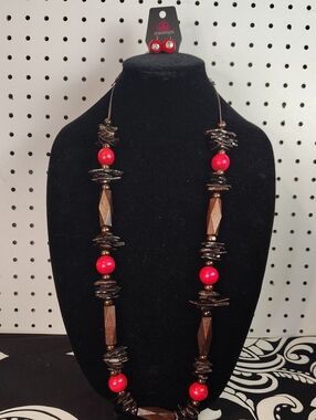 paparazzi Red and Brown Beaded Long Statement Wood Necklace